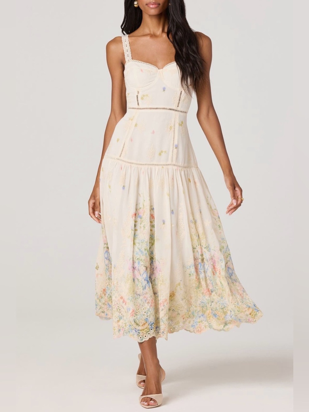 ASTR the Label NWT Midi Eyelet Pellagia Dress - Pastel Blooms Cream - Size Large
